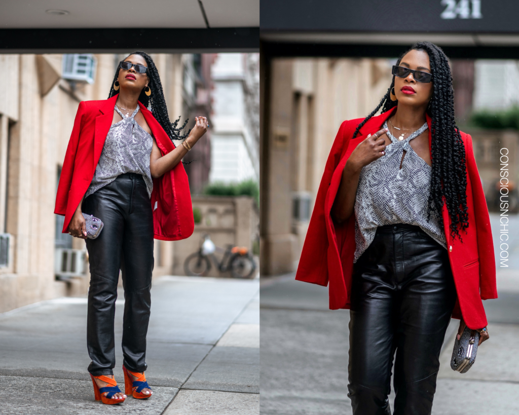 Thrifted red blazer and high waisted leather pants.